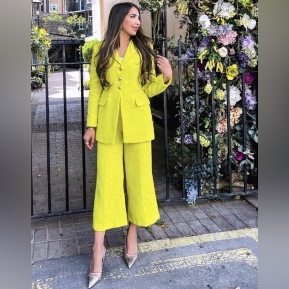 ZARA Textured Weave Buttoned Lined Longline Blazer Jacket in Lime Green Size XS